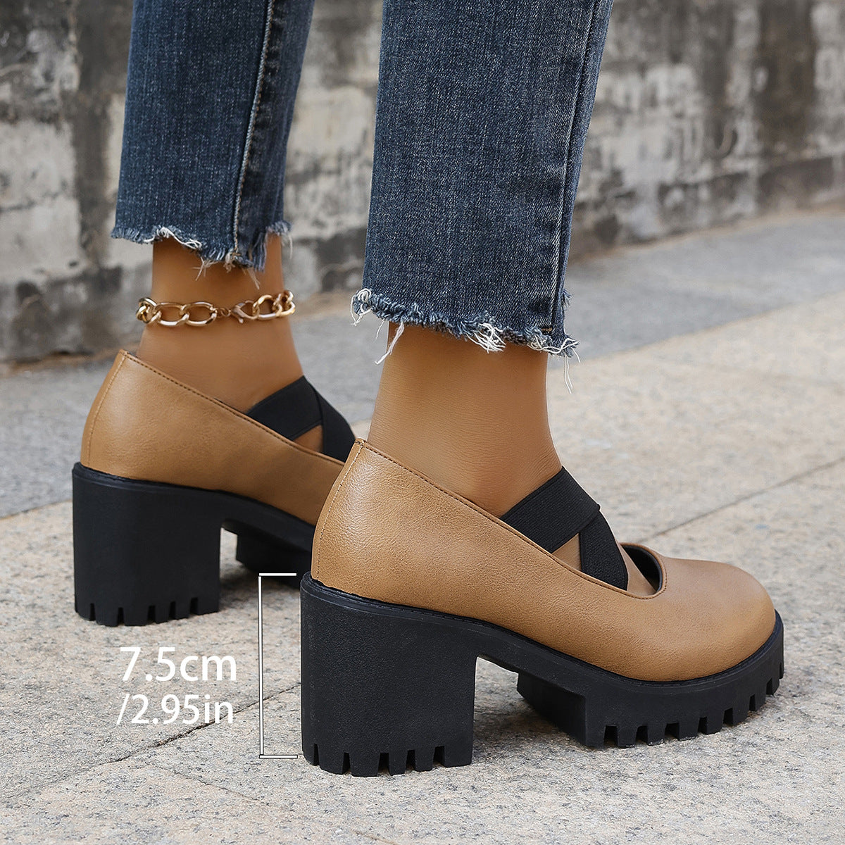 Cross Elastic Strap Square-toe Chunky Heel Mary Jane Sandals