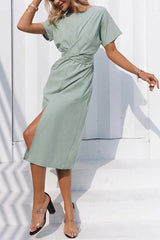 Elegant Green Cotton Knotted Straight Dress