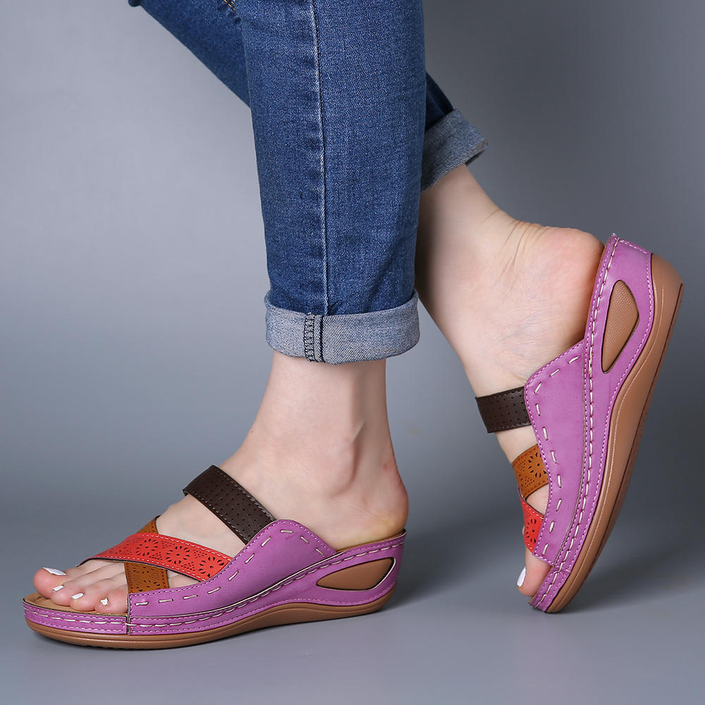 Retro multi-color spliced slippers