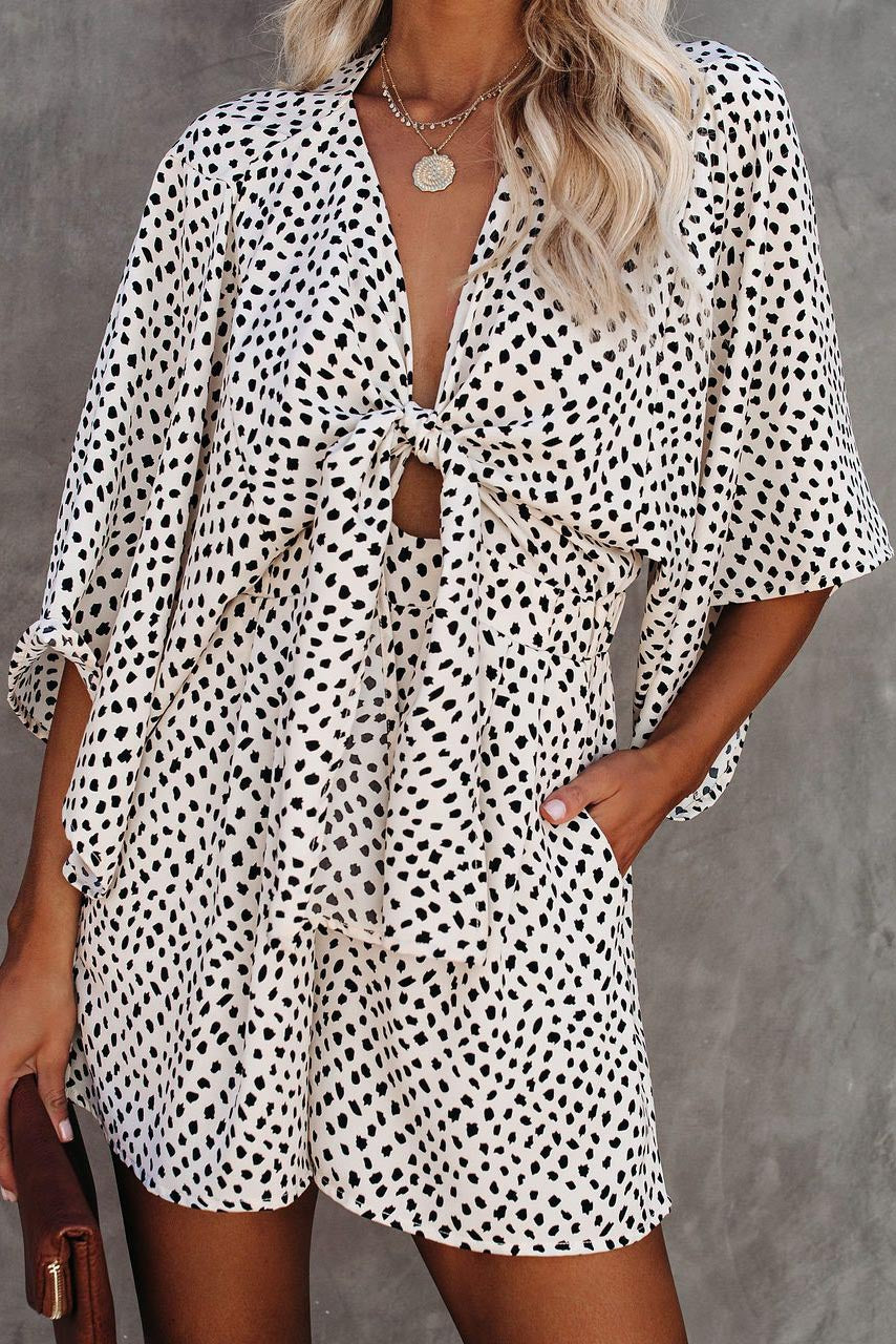 Printed V-neck Tie Loose Romper