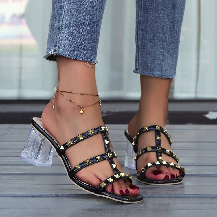 Crystal mid-heel studded slide sandals