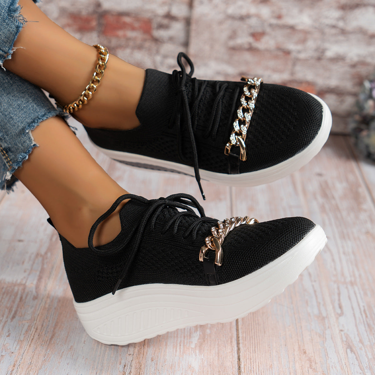 Flyknit Breathable Upper Chain Wedge Lace-up Sneakers