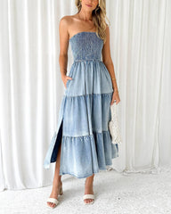 Sleeveless Strapless Side Slit Layered Denim Dress with