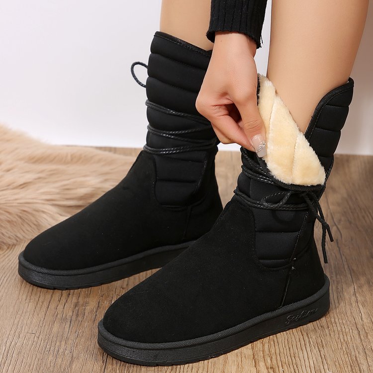 Mid-calf lace-up fleece snow boots