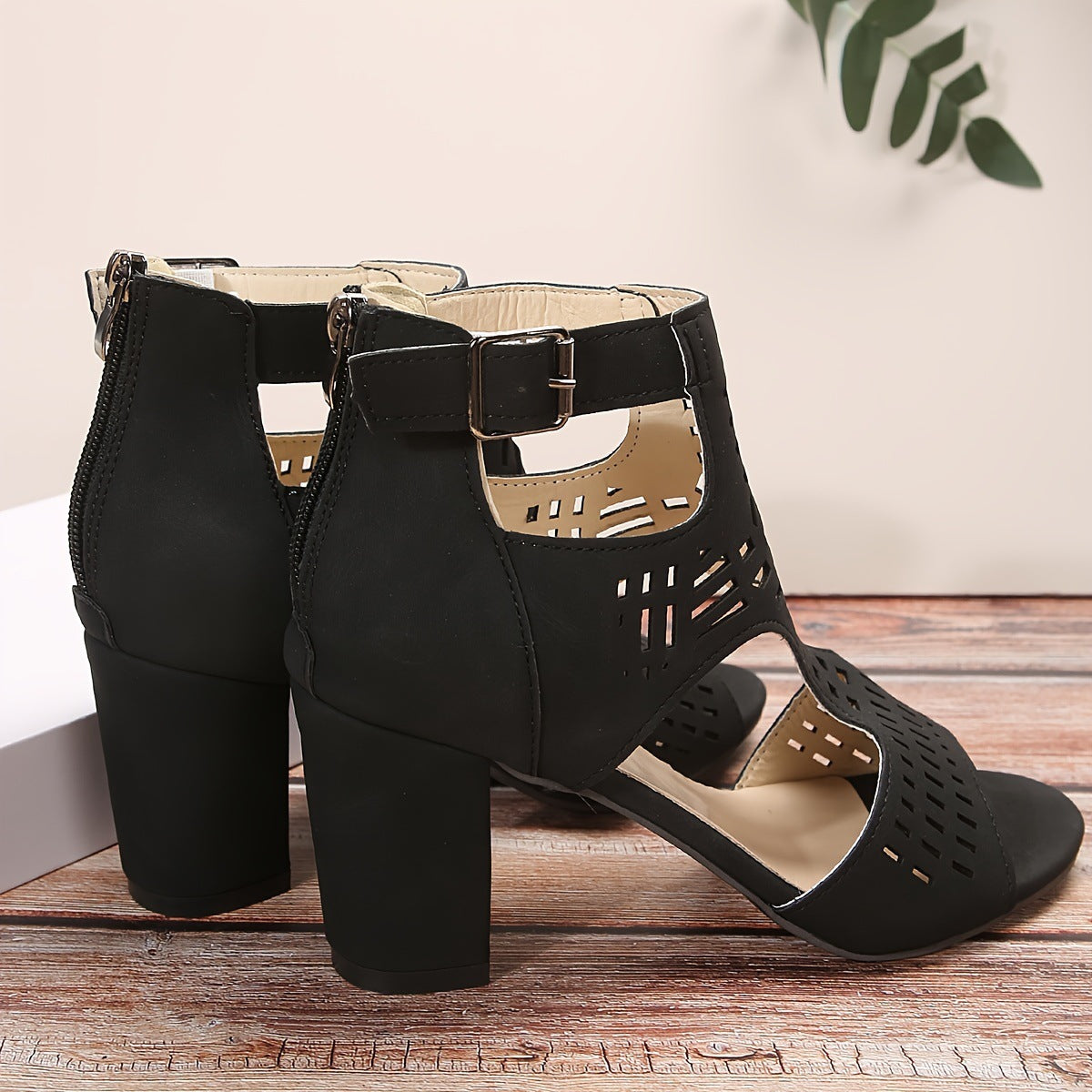 Peep Toe Hollow Out Back Zipper Chunky Heel Sandals