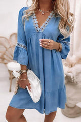 V-neck printed Lace-paneled Boho Dress