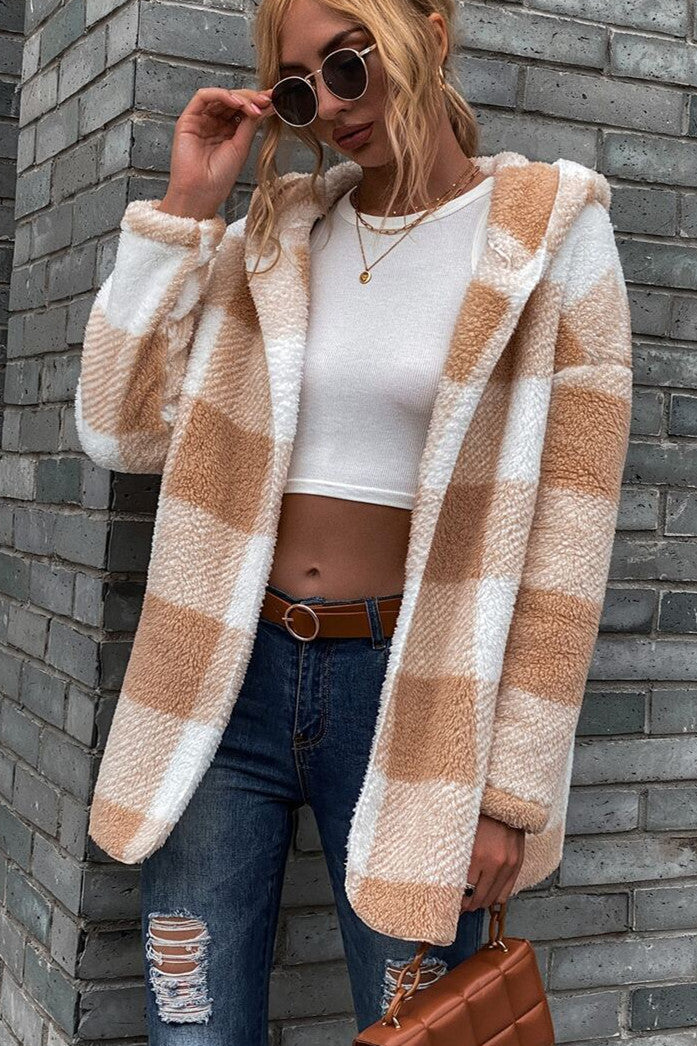 Double-sided Lamb Loose Hooded Plaid Cardigan Jacket