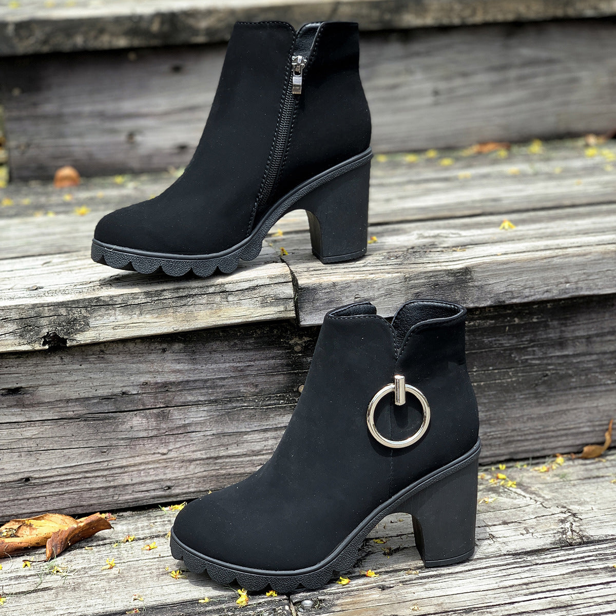 Side ring zipper black short rider boots