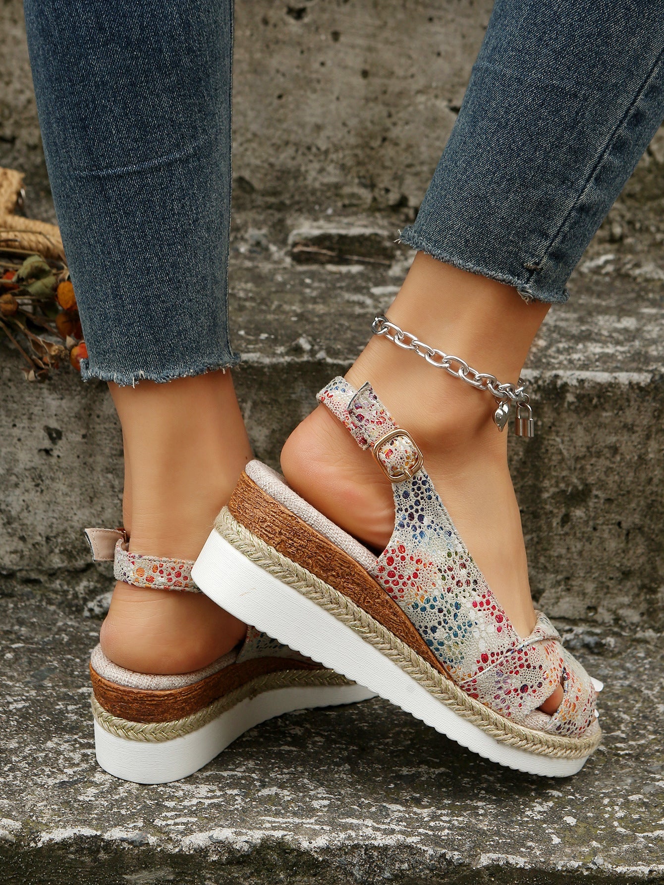 Printed Open Toe Slingback Wedge espadrilles Sandals