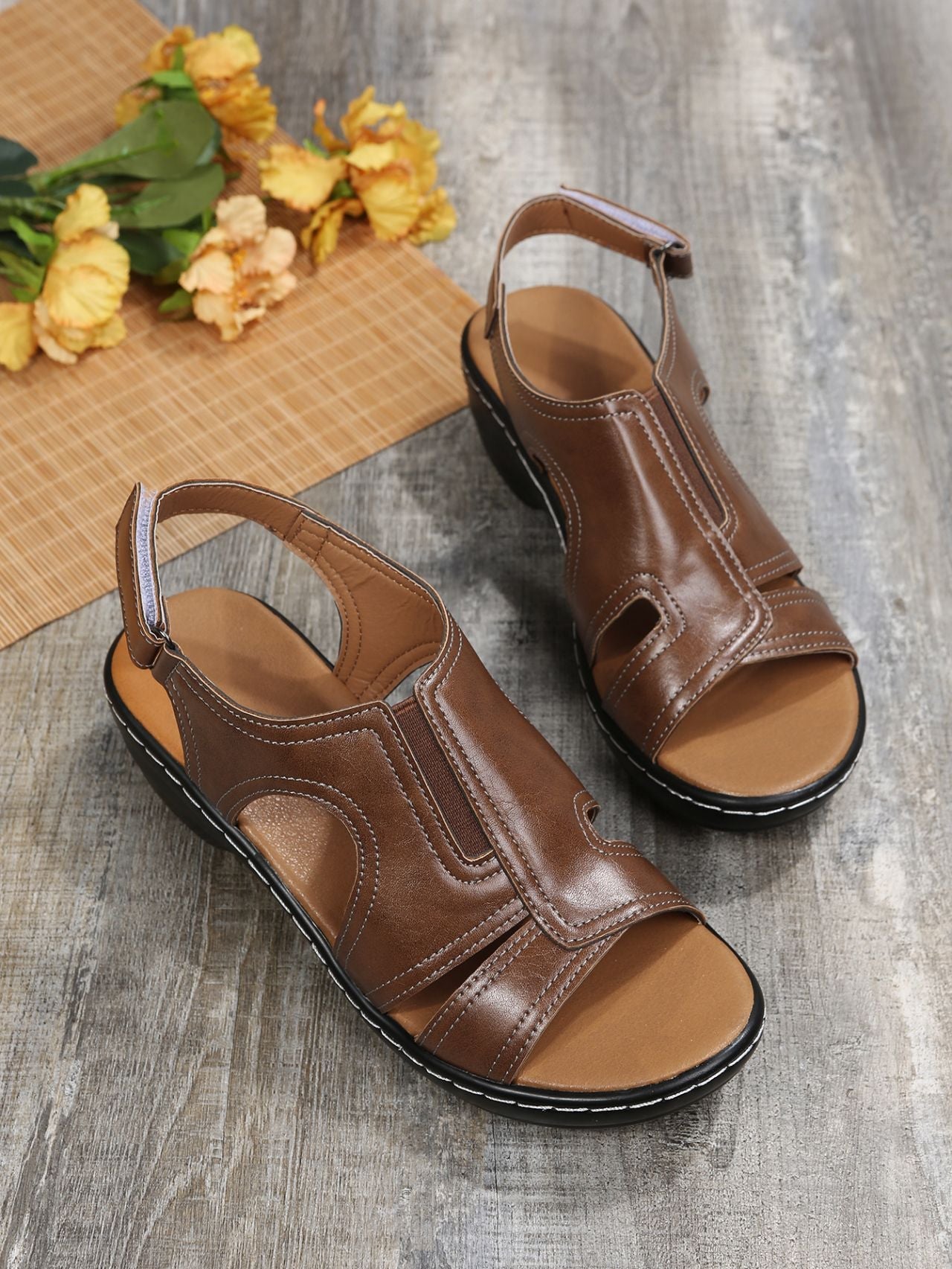 Velcro-stitched cutout chunky heel open toe sandals