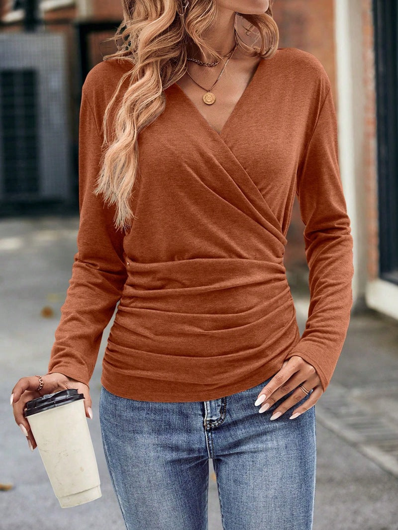 Colorblock slim-fit waist pleated V-neck top
