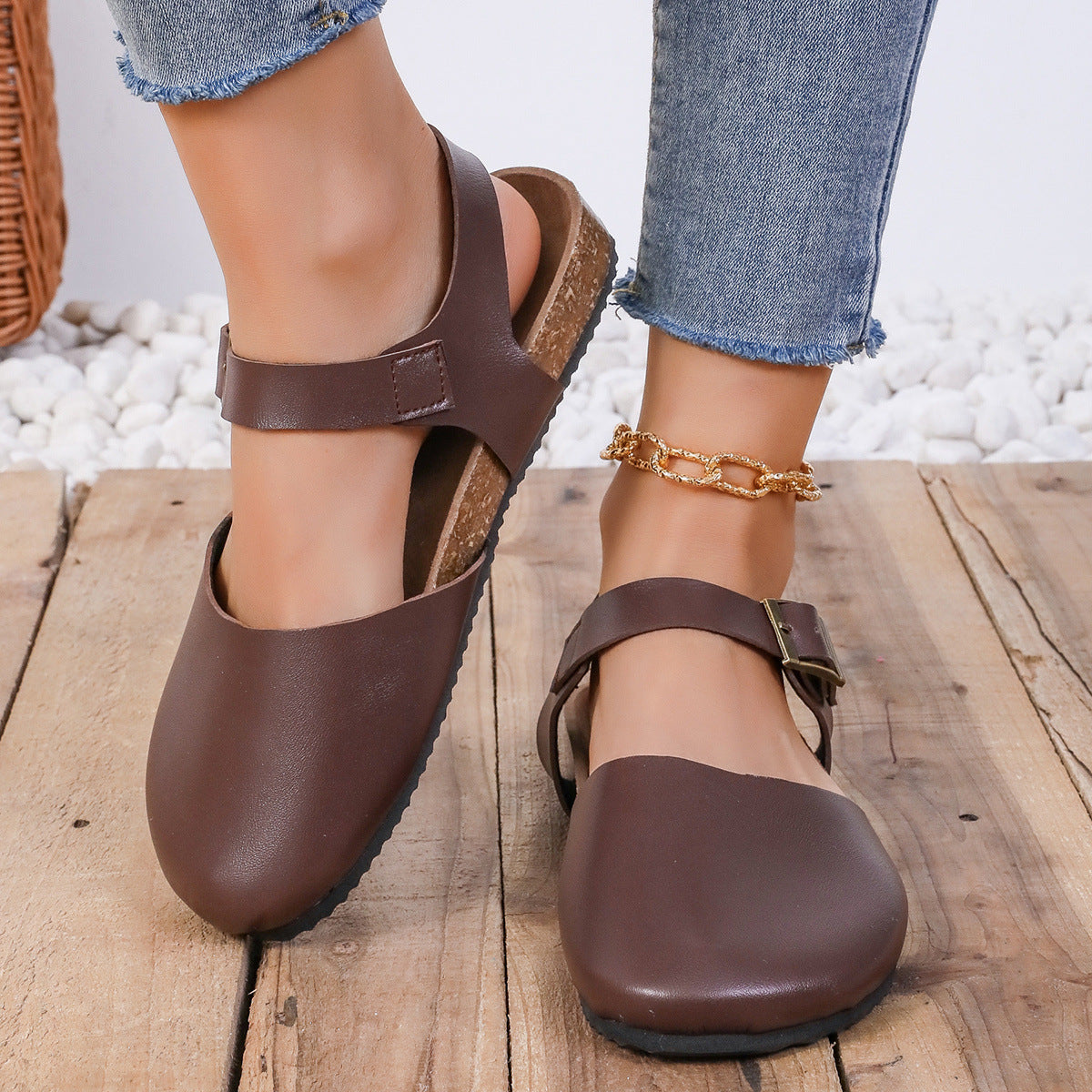 Buckle Closure Cork Flat Sandals