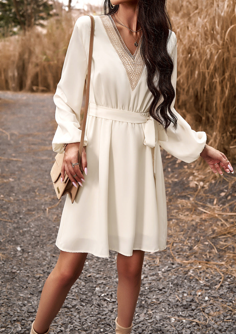 Elegant Spliced V-neck Long Sleeve Dress
