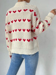 Half High Neck Loose Fit Love Heart Jacquard Knit Sweater