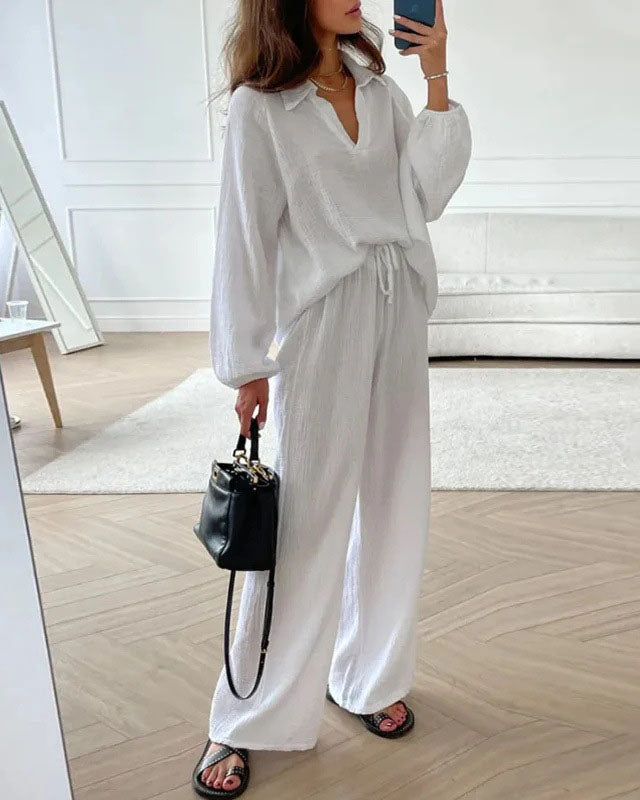 Long Sleeve Lapel Top Drawstring Pants Two-Piece Set