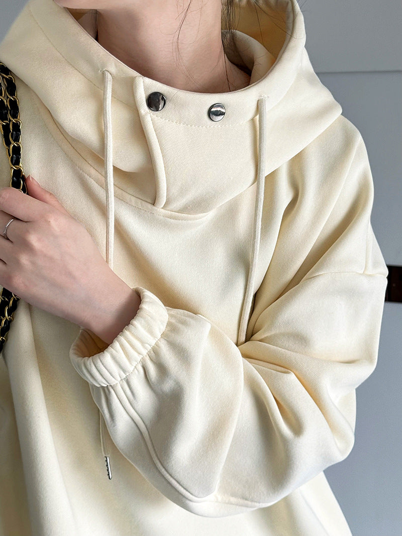 Half High Collar with Button Details Thick Loose Hoodie