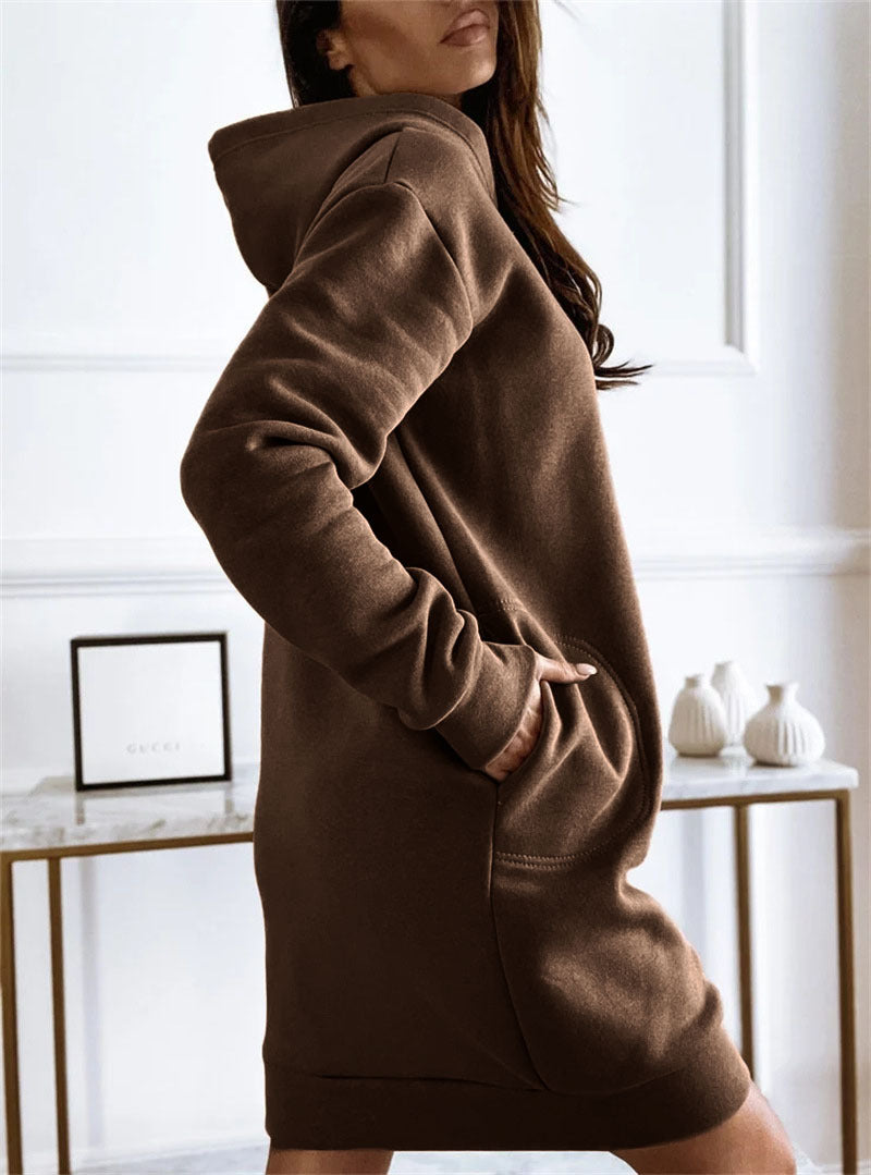 Mid-length pockets hooded sweatshirt dress