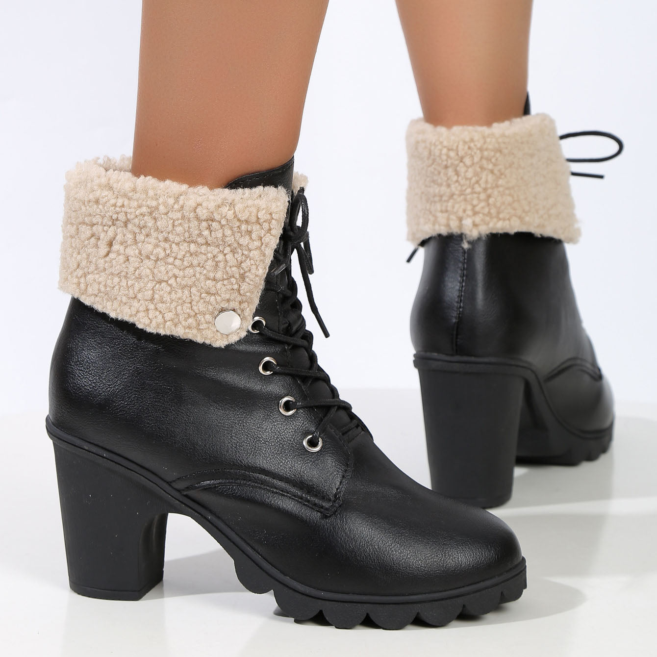 Retro suede round toe lace-up chunky heel short boots