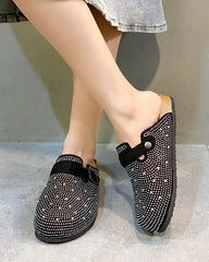 Embellished Rhinestone Closed-Toe Cork Slippers
