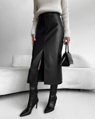 Vintage Front Slit and Lining Faux Leather Skirt