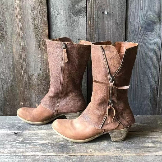 Retro Distressed Side Zip Mid Rider Boots