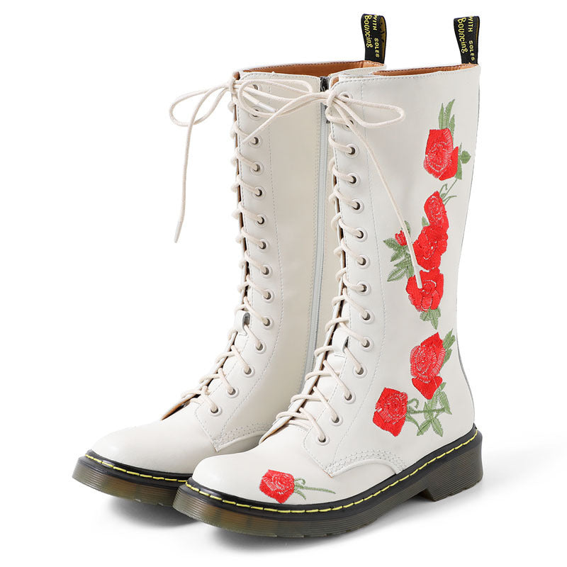 Lace-up embroidered mid-calf boots