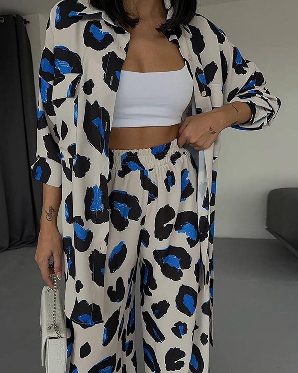 Leopard Print Long Sleeve Shirt Wide Leg Pants Two-Piece Set