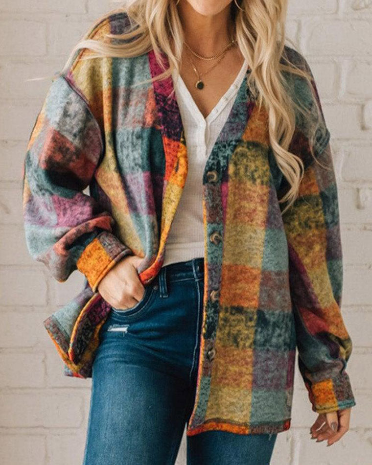 Loose multicolor plaid collarless jacket