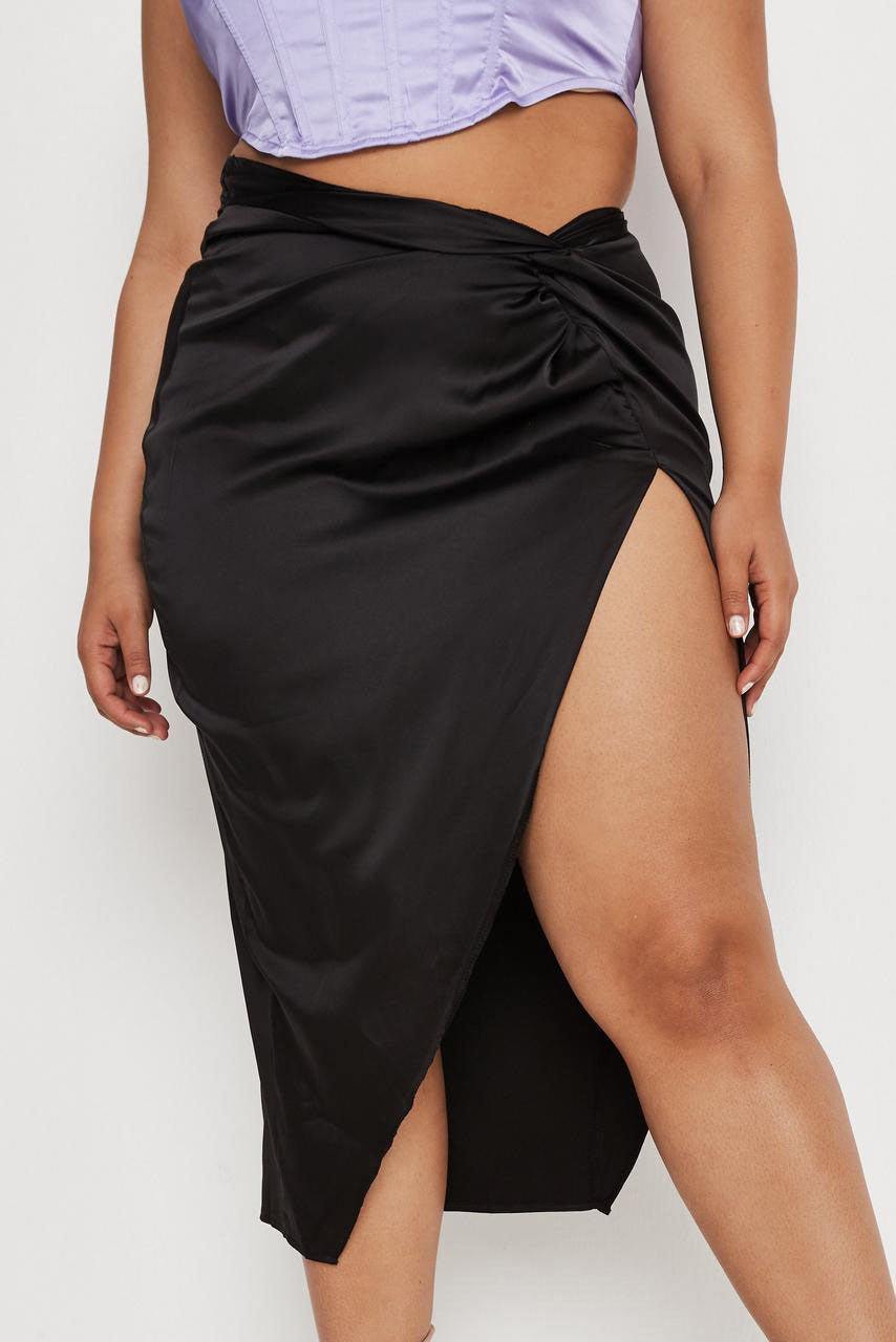 High Waist Irregular Solid Satin Slit Skirt