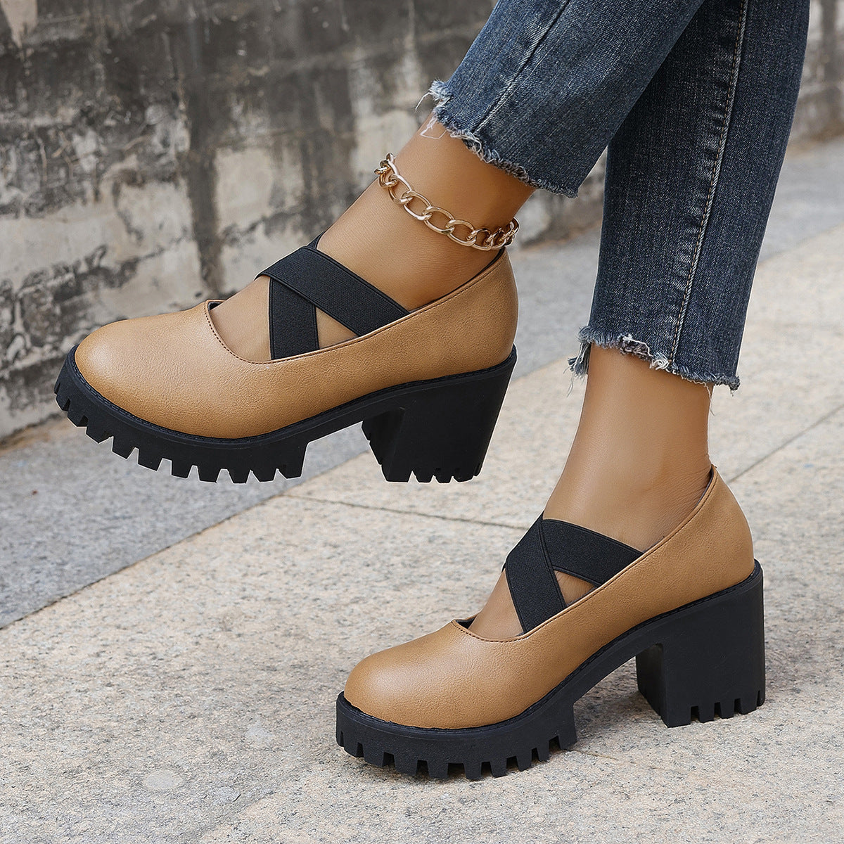 Cross Elastic Strap Square-toe Chunky Heel Mary Jane Sandals