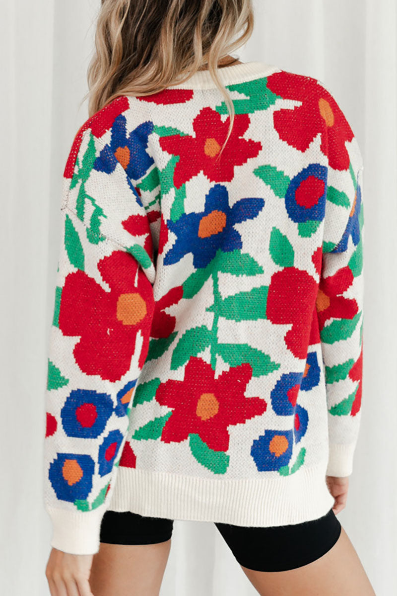 Blooming Flowers Crew Neck Loose Knit Sweater