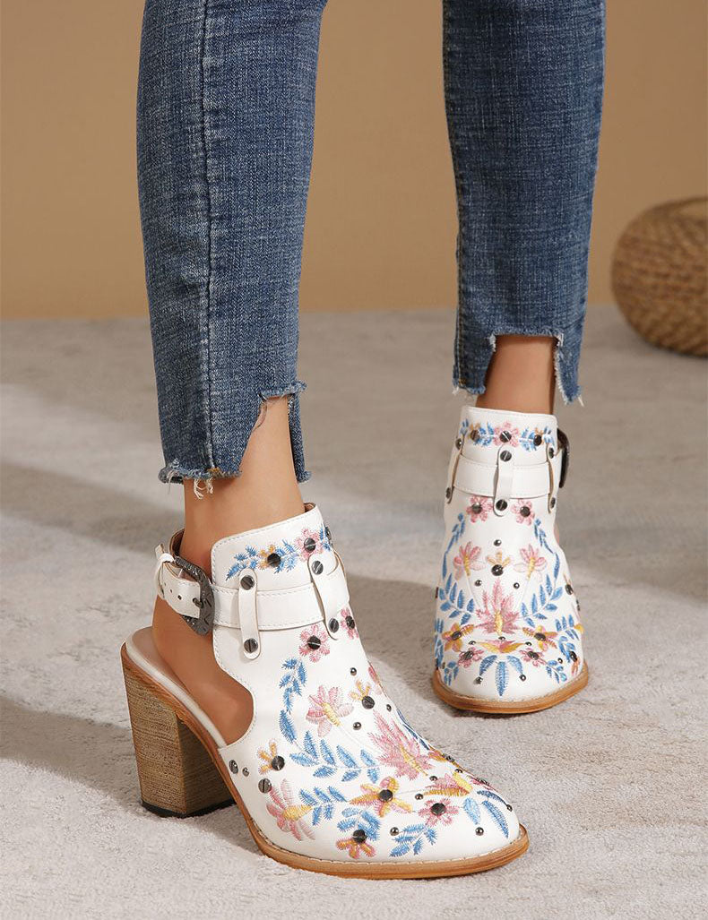 Vintage Floral Embroidered Espadrilles Chunky Heels