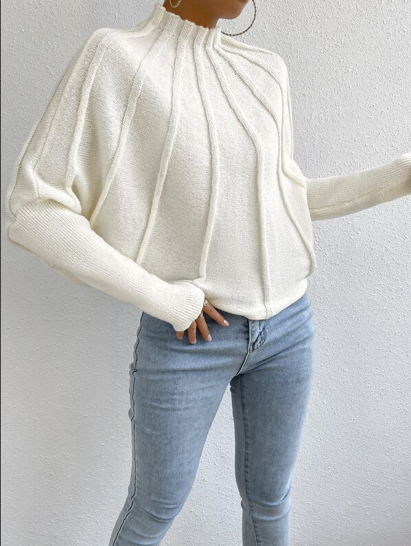 White turtleneck pullover bat sleeve sweater