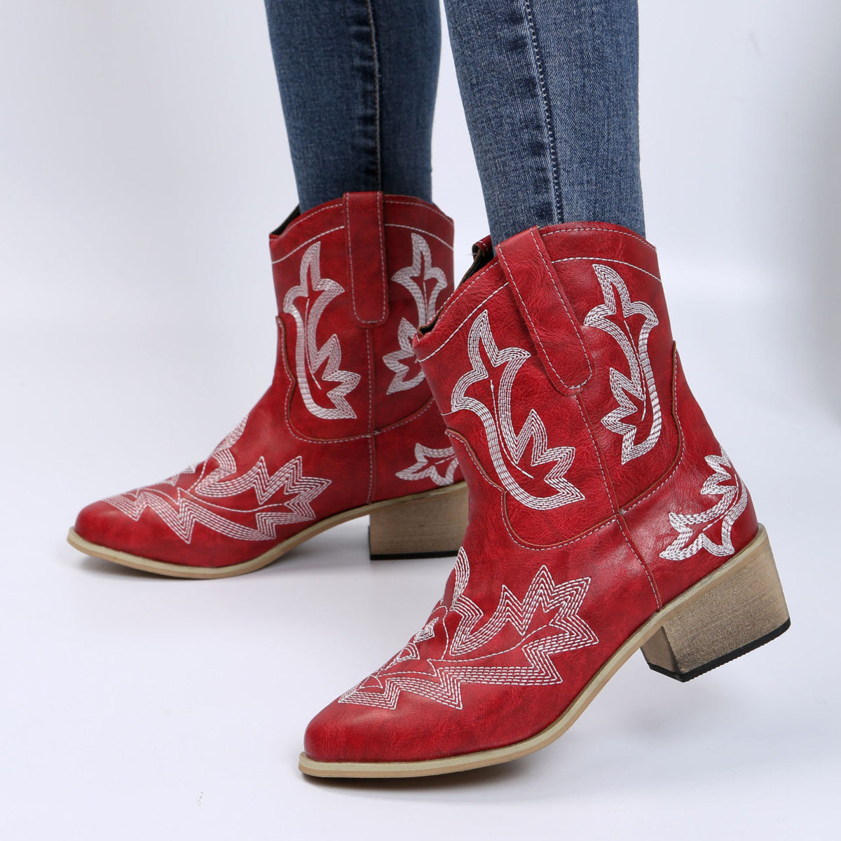 Embroidered Floral Chunky Heel Martin Boots