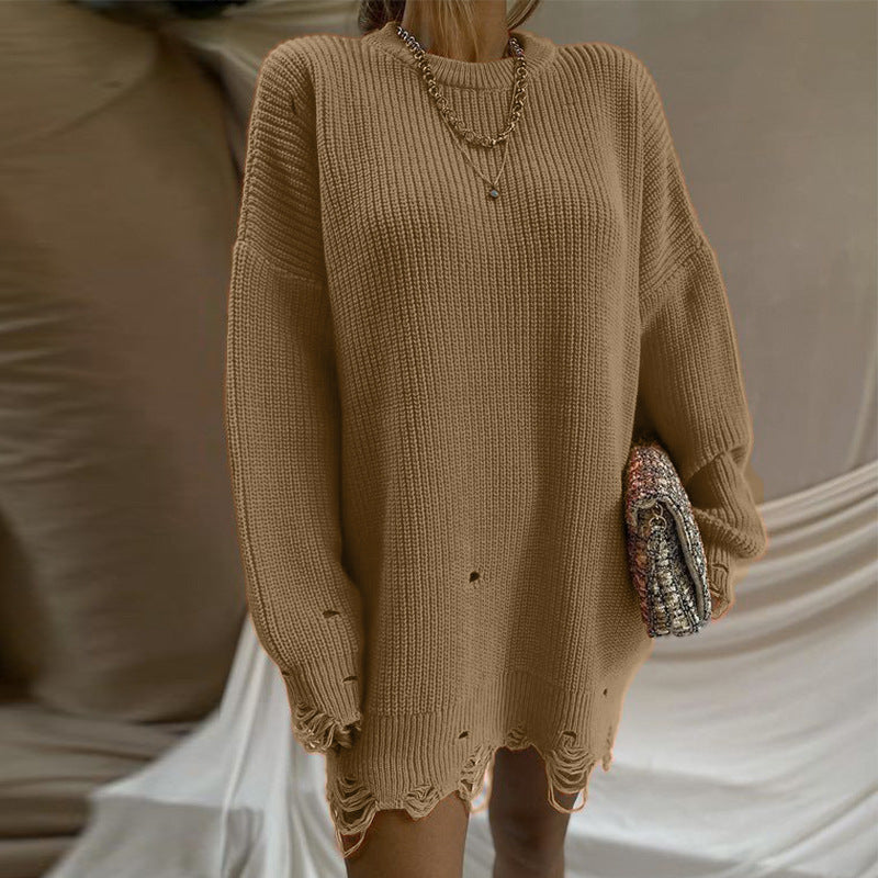 Ripped O Neck Oversized Sweater Dress