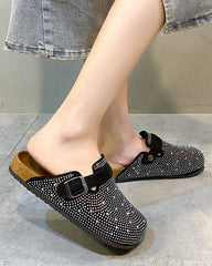 Embellished Rhinestone Closed-Toe Cork Slippers