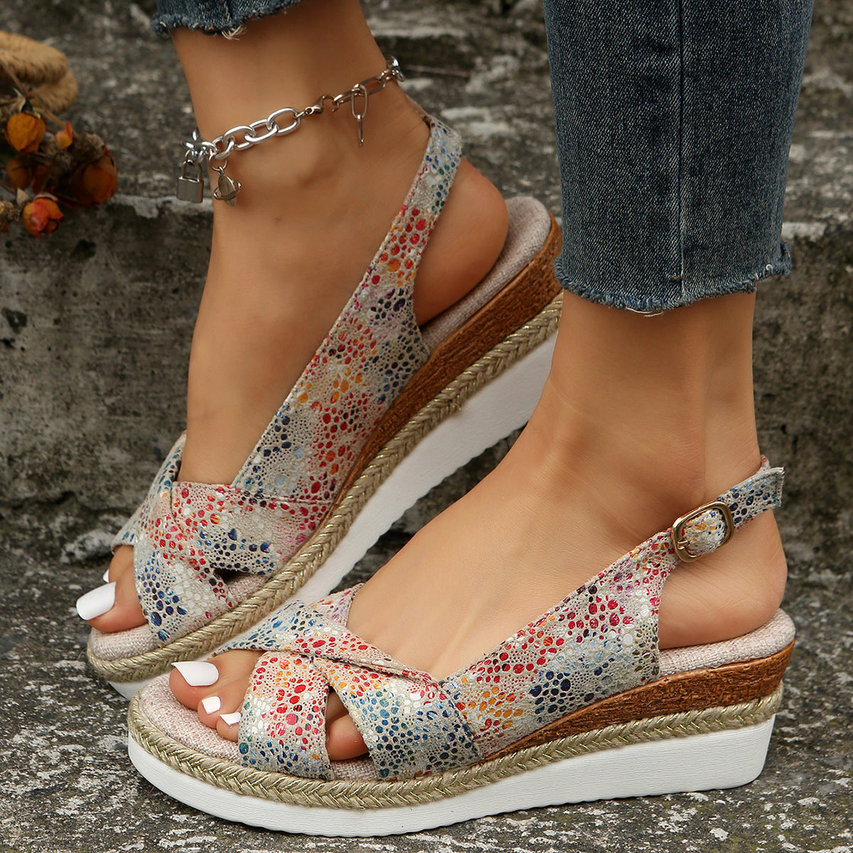 Printed Open Toe Slingback Wedge espadrilles Sandals