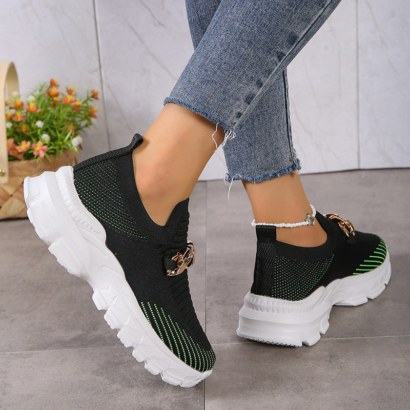 Metal chain thick breathable fly knit sneakers