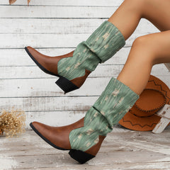 Distressed old style Canvas paneled block heel mid-calf boots