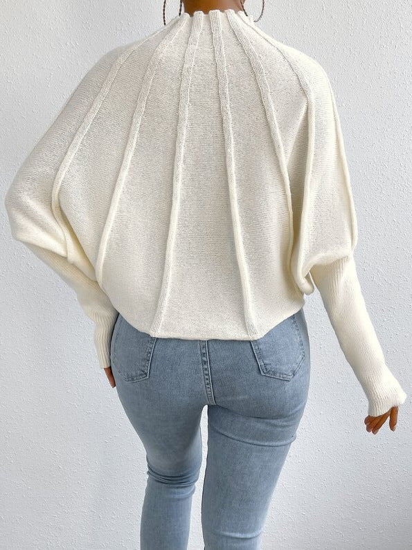 White turtleneck pullover bat sleeve sweater