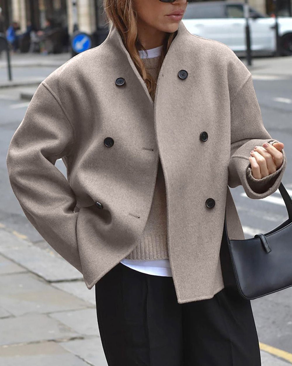 Brown V-neck Double-breasted Short Wool Coat