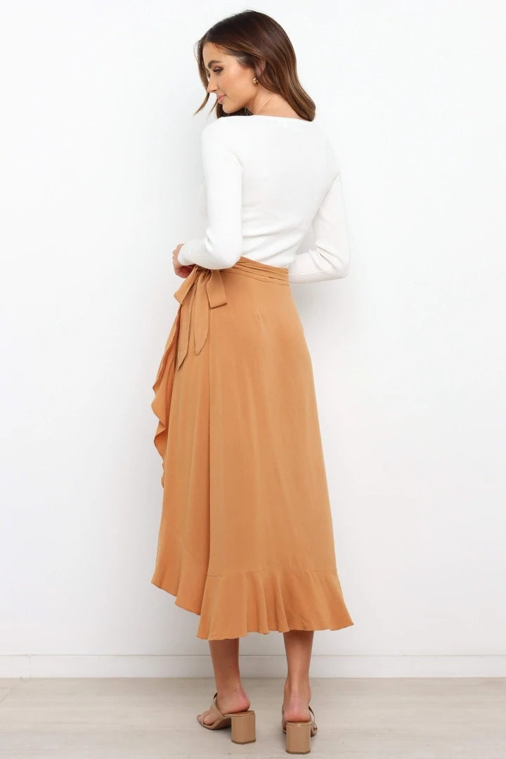 One Piece Tie Irregular Hip Pack Solid Color Skirt