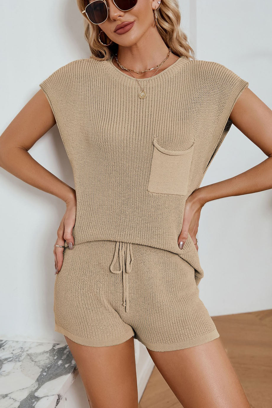 Sleeveless Pocket Knit Top & Shorts Co-ord Set