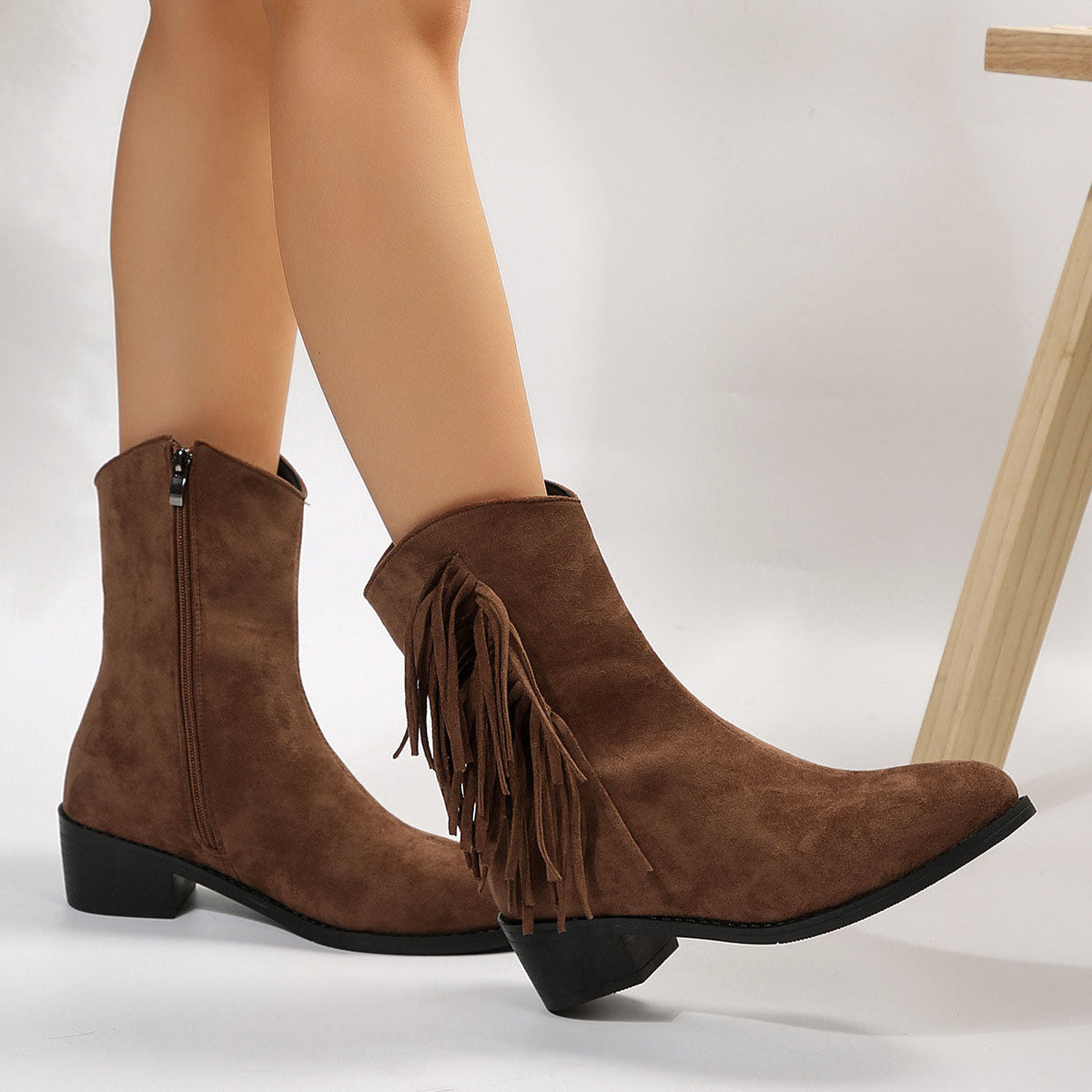 Fringed suede pointy toe chunky heel short boots