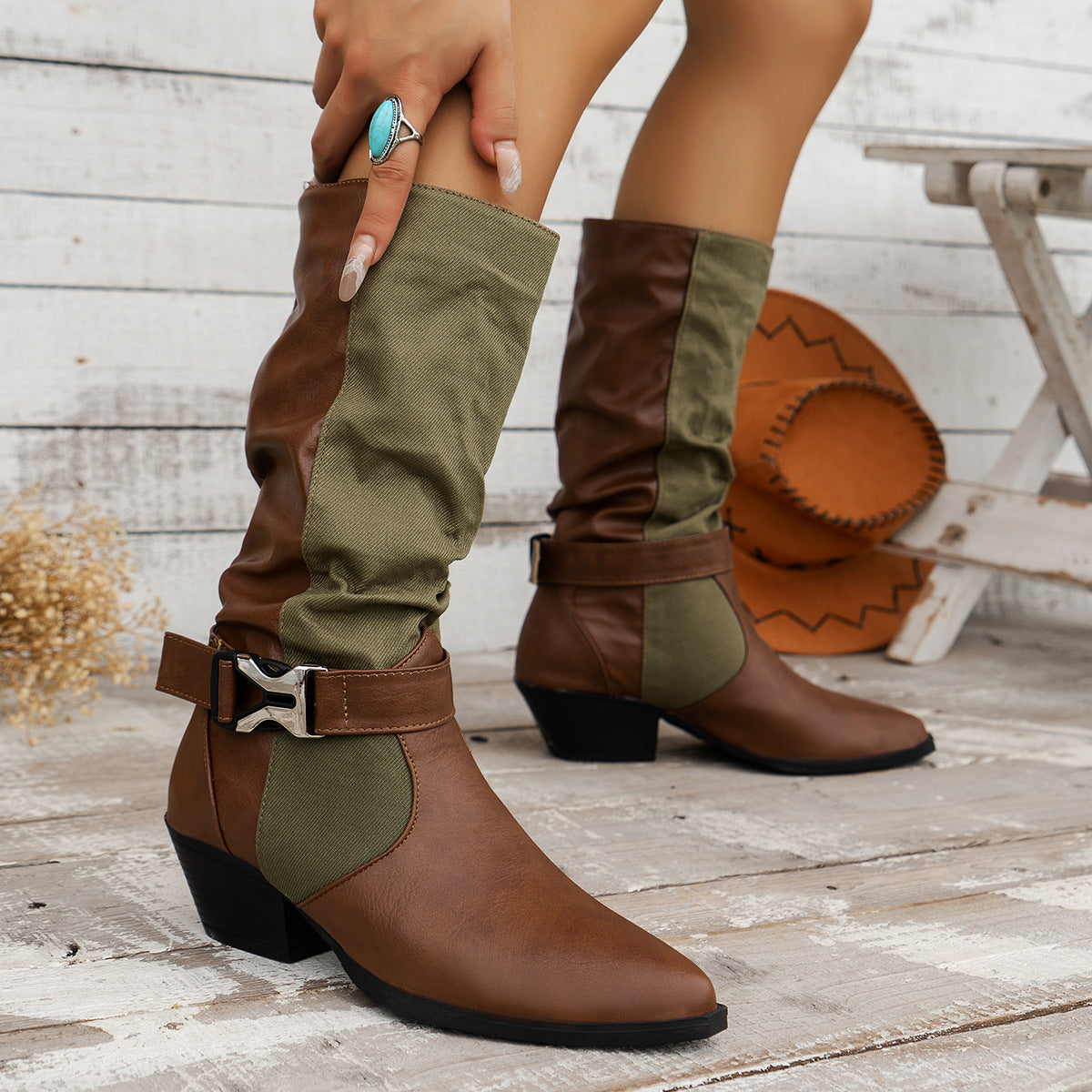 Canvas paneled pointed toe block heel mid-calf boots