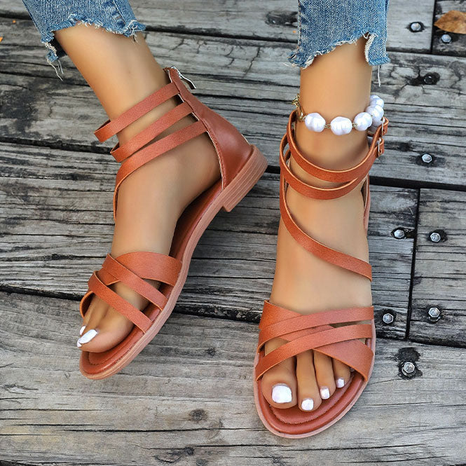 Zipper Buckles Flat Roman Sandals