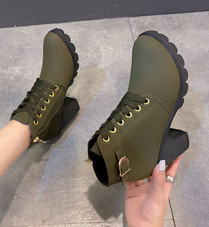 Lace Up Buckle Strap Chunky Heeled Ankle Boots