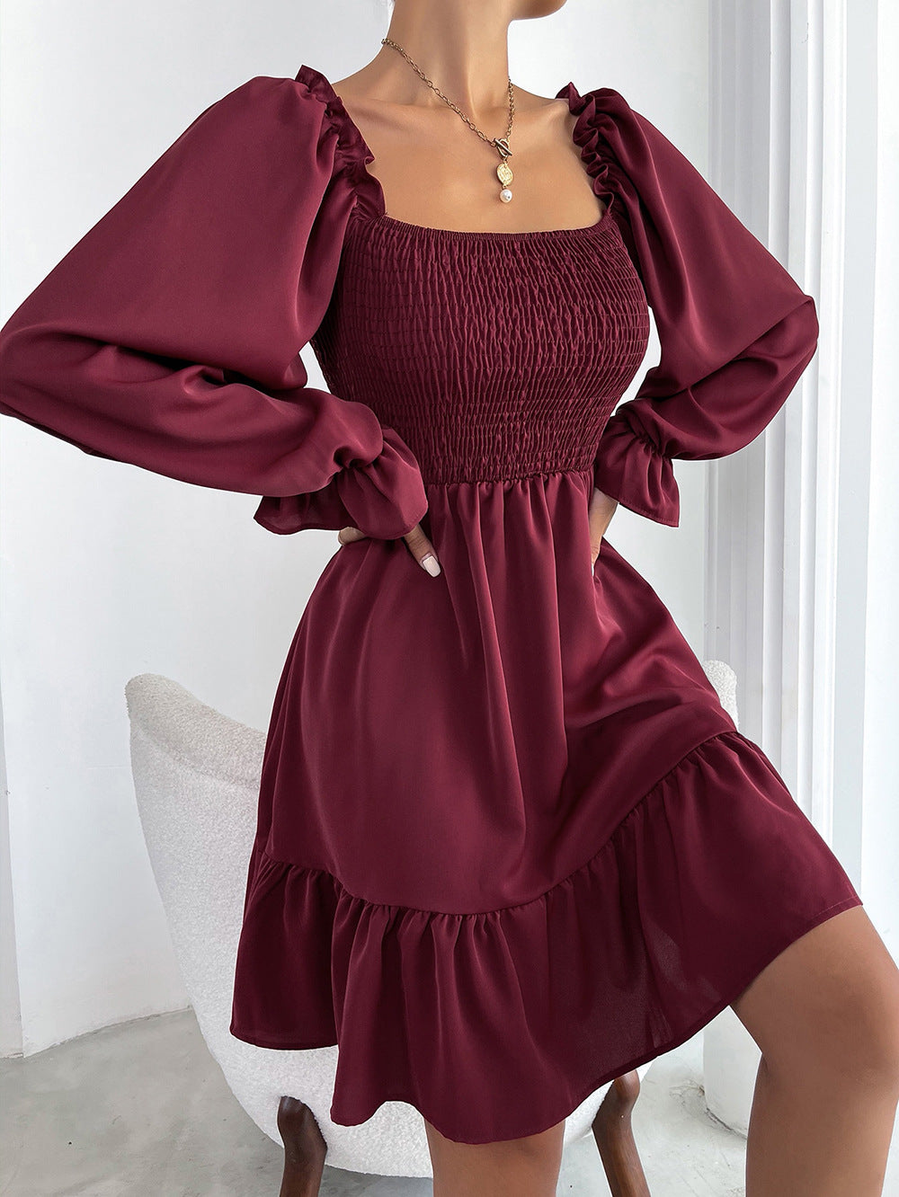 Elegant Square neck High waist Ruffle Dres