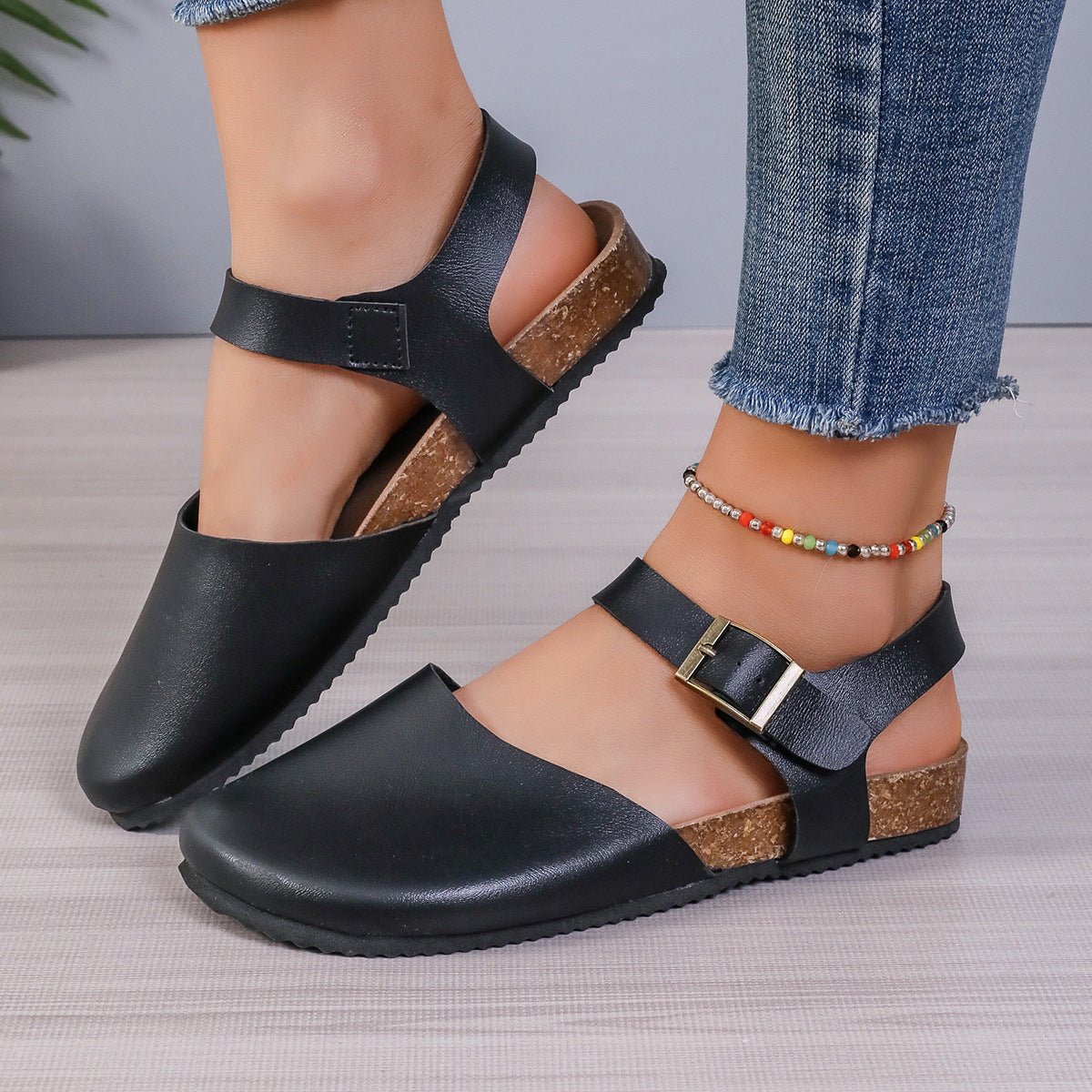 Buckle Closure Cork Flat Sandals