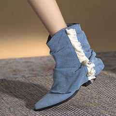 Denim pleated fringed western boots